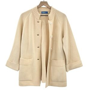 Vintage 60s Cardigan Sweater Solid Cream Button Front Pockets Bell Sleeves | M/L